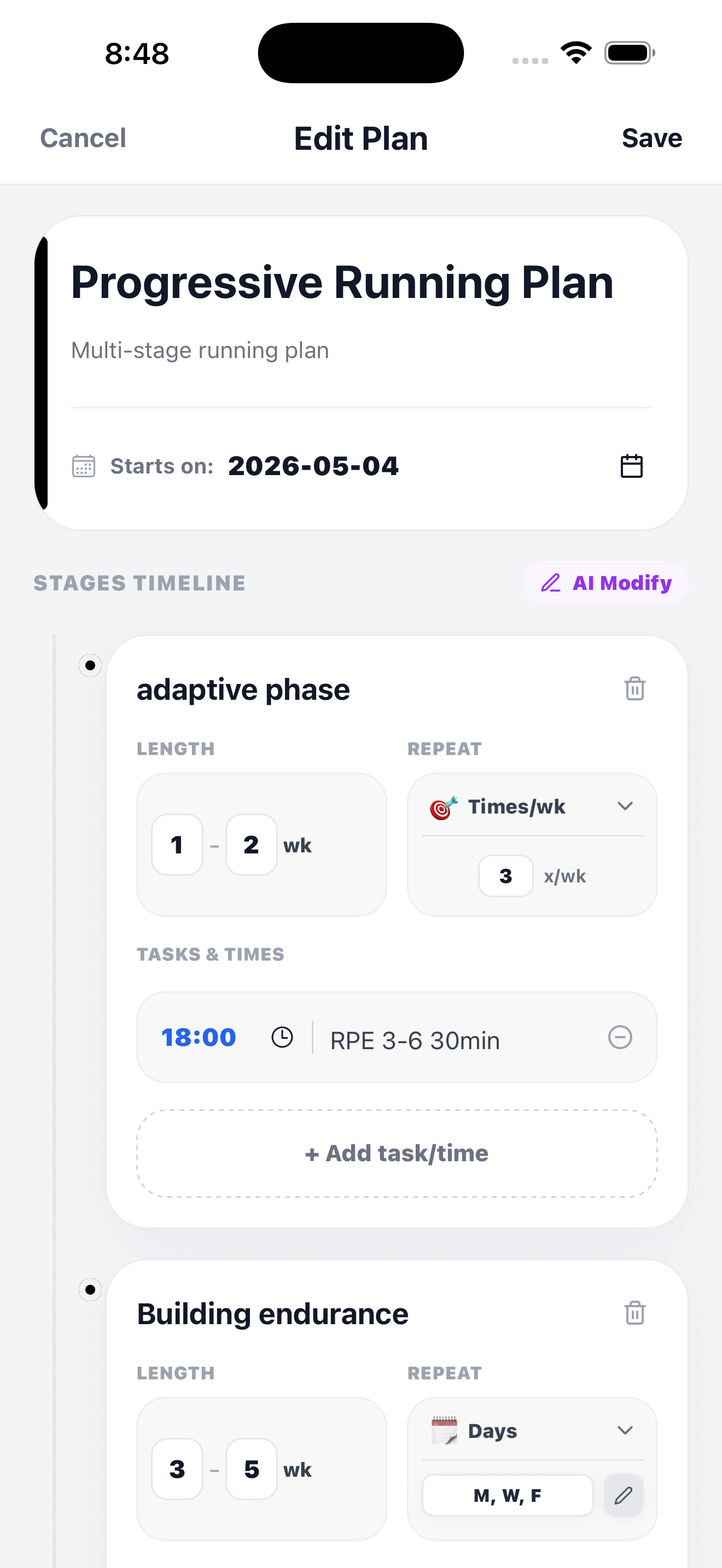 Rhythm app edit plan screen showing stages, repeat rules, tasks, and AI modify controls